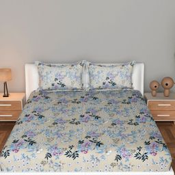 BEDROSE Yellow & Navy Blue Floral 144 TC King Bedsheet with 2 Pillow Covers-picture-4