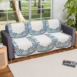 Aura White & Blue 6 Pieces Printed 3 Seater Velvet Sofa Cover-14
