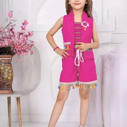 Lagorii Girls Embellished Linen Overcoat With Top And Tassel Work Shorts Set-image-72