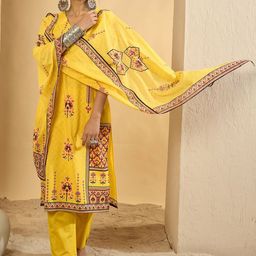 Indo Era Ethnic Motifs Printed V-Neck Pure Cotton Straight Kurta With Trousers & Dupatta-picture-19