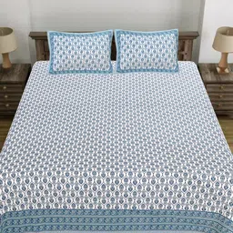 LIVING ROOTS Patni Blue Printed Pure Cotton 300 TC Super King Bedsheet Set 2.64 x 2.43 m-image-99