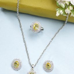 ZENEME Rhodium Plated Silver Toned AD-Studded Jewellery Set-image-92