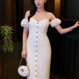 TRENBEE Women Ethnic Motifs Self Design Off-Shoulder Puff Sleeve Sheath Midi Dress-picture-2