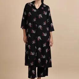 BLACK & BLAH BLAH Floral Printed Shirt Collar Straight Kurta with Palazzos-picture-25
