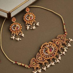 Anouk Gold-Plated & Peacock-Shaped Multicolour Pearl Stone-Studded Jewellery Choker Set-22