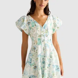 Forever New Women Floral Printed Puff Sleeve V-Neck Smocked Detail Fit & Flare Dress-46