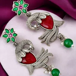 LUCKY JEWELLERY Silver-Plated Artificial Stone Studded and Beaded Oxidised Drop Earrings-55