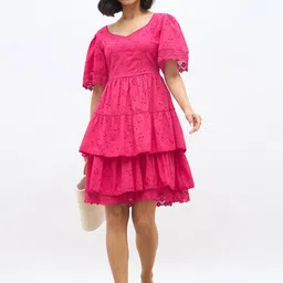 Styli Women Sweetheart Neck Layered Self Design Schiffli Cotton Fit and Flare Dress-image-74