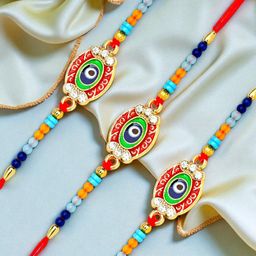 ADIVA Set Of 3 Evil Eye CZ Studded & Beaded Rakhi With Pooja Thali & Roli Chawal Gift Set-image-5