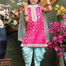 SAKA DESIGNS Girls Floral Woven Design Gotta Patti Art Silk Kurta Dhoti Pants & Dupatta-image-27