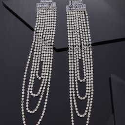 VESTIDO MODAS Silver-Toned Rhinestones Studded Classic Shaped Drop Earrings-image-33