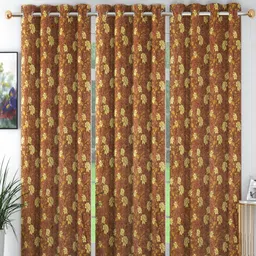 ANA Brown & Yellow Set of 3 Floral Room Darkening Long Door Curtain-15