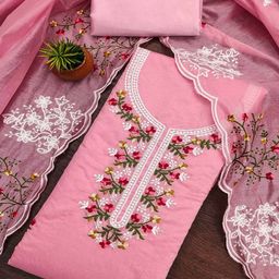 Peachmode Floral Embroidered Embellished Chanderi Cotton Unstitched Dress Material-image-21