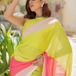 KALINI Lime Yellow,Crimson Pink N Light Peach Color Block Printed Georgette Saree image 5