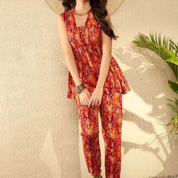 KALINI Ikat Printed Sleeveless Shawl Neck Tunic With Palazzos-image-40