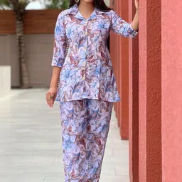 GRISHU COLLECTION Floral Printed V-Neck Pure Cotton Shirt With Trousers-picture-31
