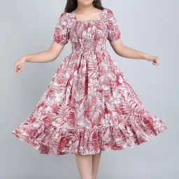 YK Girls Floral Print Puff Sleeve Fit & Flare Dress-picture-21