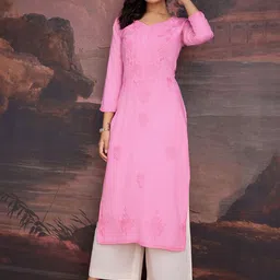 House of Pataudi Floral Embroidered Round Neck Cotton Thread Work Straight Kurta-image-39