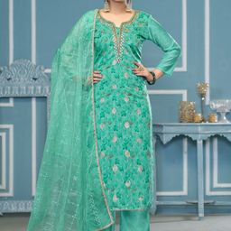 MANVAA Floral Embroidered Beads & Stones Organza Unstitched Dress Material-image-8