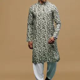 Sanwara Floral Printed Mandarin Collar Linen Straight Kurta with Patiala-image-89