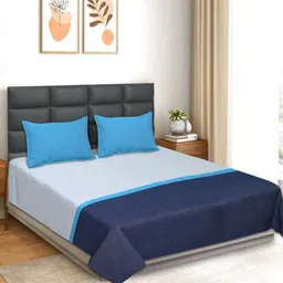 Saral Home Blue & Grey Striped Cotton 160 TC King Bedsheet With 2 Pillow Covers-image-12