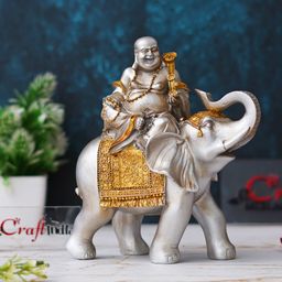 ecraftindia Silver & Golden Laughing Buddha Statue Seating on Elephant Figurine Decorative Showpiece - 18.5 cm-picture-0