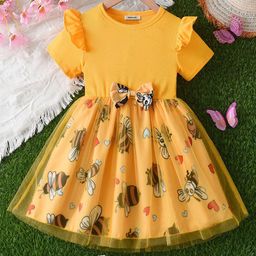 INCLUD Girl's Graphic Printed Flutter Sleeve Fit & Flare Above Knee Dress-45