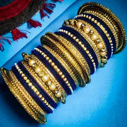 RIJOLI Women Pack Of 42 Blue And Gold And Pearls Ethnic Bangles-image-13