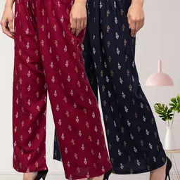 FAMBEE Women 2 Floral Printed Flared Knitted Palazzos-picture-33