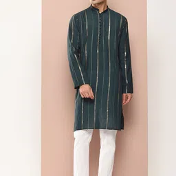 See Designs Striped Embroidered Sequinned Mandarin Collar Chanderi Silk Straight Kurta-image-71