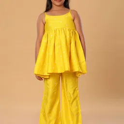 The Mini Trunk Girls Floral Embroidered Empire Shoulder Straps A-Line Kurti With Palazzos-image-94