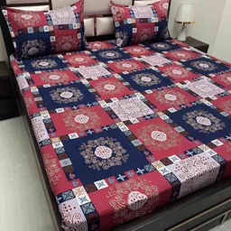 Pure Decor Red & Navy Blue Ethnic Motifs 250 TC Queen Bedsheet with 2 Pillow Covers-image-80