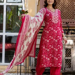 EthniFlair Women Floral Embroidered Regular Pure Cotton Kurta with Patiala & With Dupatta-picture-24