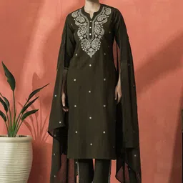 Sangria Embroidered Pure Cotton Mandarin Collar Straight Kurta With Trousers & Dupatta-picture-40