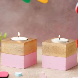 eCraftIndia Brown & Pink 2 Pieces Wooden Tea Light Candle Holders-image-57