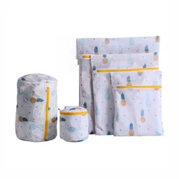HomeCloud 5-Pcs White & Yellow Printed Mesh Laundry Clothes Washing Bag With Zip Lock-5