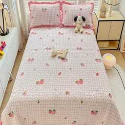 JC HOME Pink & White Printed Cotton Double King Bed & Pillow Cover-picture-35