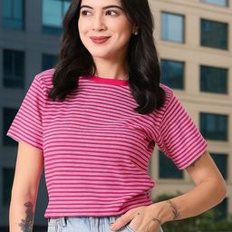 HERE&NOW Women Bio Finish Striped Round Neck Cotton T-shirt-image-93