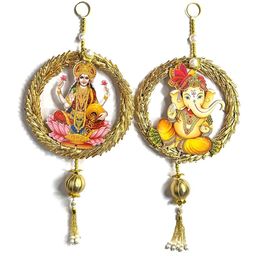 Sellplus 2-Pcs Pink & Yellow Ganesh Lakshmi Ji Lace Bangle Hanging Festive Decors-image-16