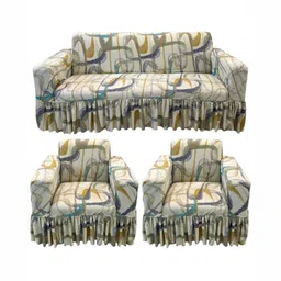GIFTS ISLAND Beige & Yellow Printed Polyester 3 Piece Sofa Cover With Arms-image-73