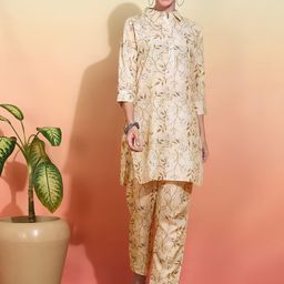 Ode by House of Pataudi Women Printed Regular Linen Kurta with Trousers-23