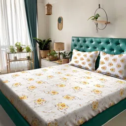 KLOTTHE Yellow Floral 400 TC Pure Cotton Double Bedsheet with 2 Pillow Covers-16