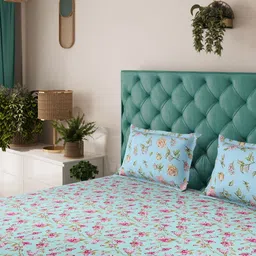 Status Green & Blue Floral 104 TC Value King Bedsheet with 2 Pillow Covers- 2.2mx2.4m-93