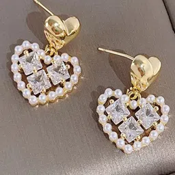 FIMBUL Gold-Plated Crystals Studded & Pearls Beaded Heart Shaped Drop Earrings-64