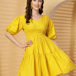 Clora Creation V-Neck Puff Sleeves Cotton Fit & Flare Dress-image-15