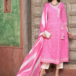 Sangria Pink Bandhani Printed Angrakha Mirror Work Pure Cotton Kurta Set-picture-21