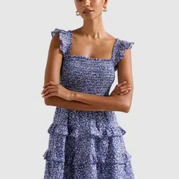Forever New Women Floral Printed Flutter Sleeves Smocked Layered Fit & Flare Mini Dress-picture-15