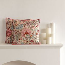 Clasiko Cream-Coloured & Red Set of 2 Floral Square Cushion Covers-6