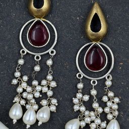 NAMAN ARTS Silver Plated Artificial Stones Studded & Beaded Teardrop Shaped Drop Earrings-picture-13