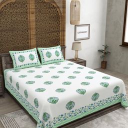 CLOTHOLOGY Green & White Floral Pure Cotton 180 TC King Bedsheet Set 2.75m x 2.25m-image-64
